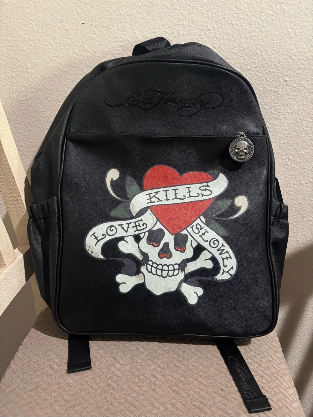Ed Hardy Unisex Black Backpack with Red Heart and White Skull Graphic